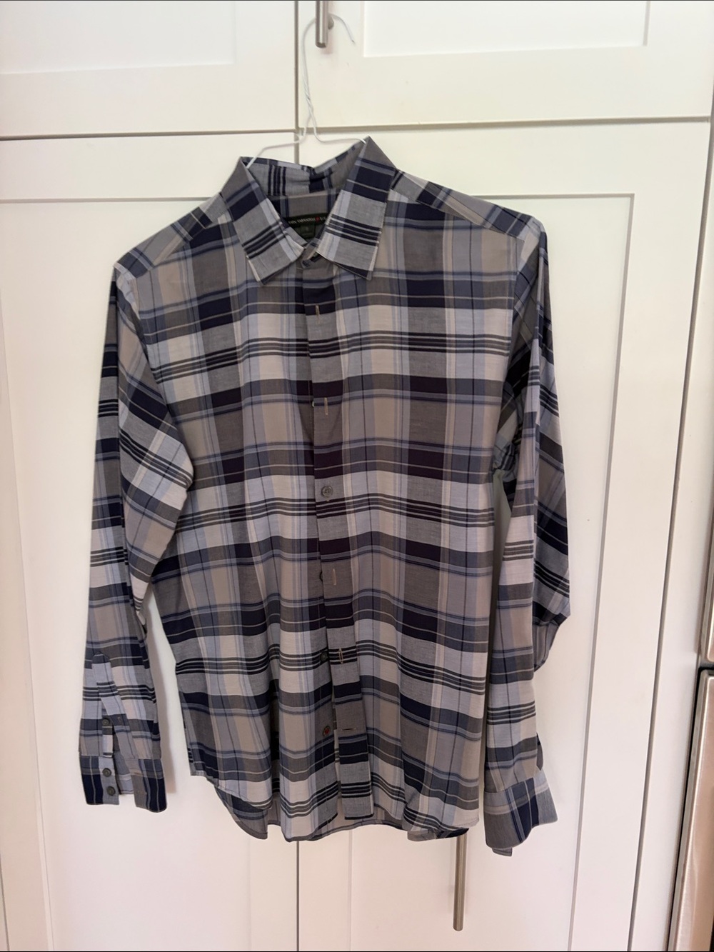 John Varvatos Grey and Navy Plaid Button-Down Shirt